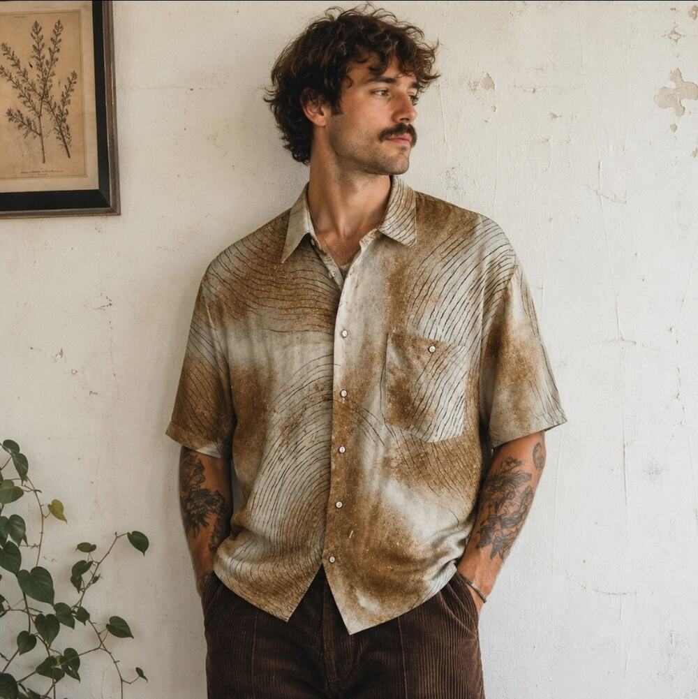Marc Thombard Sz Large Brown Cream Retro Short Sleeve Button Front Casual Shirt